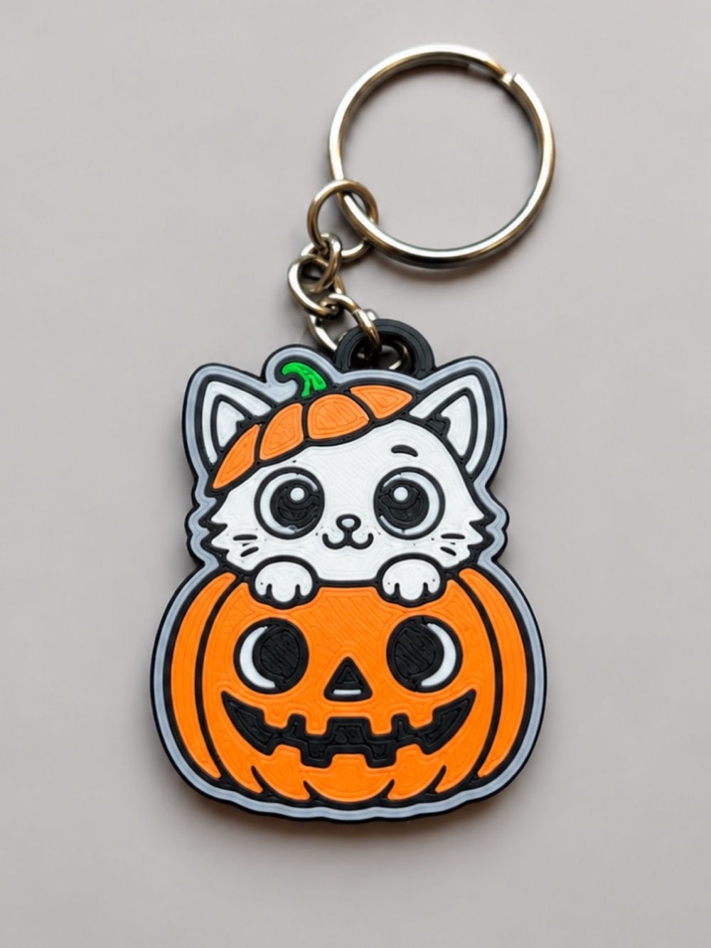 Halloween Cat Pumpkin Keychain - Orange & White